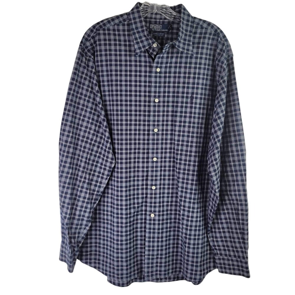Polo Ralph Lauren Shirt Oxford Men's Size Large LS Button Down Blue Plaid Lowell